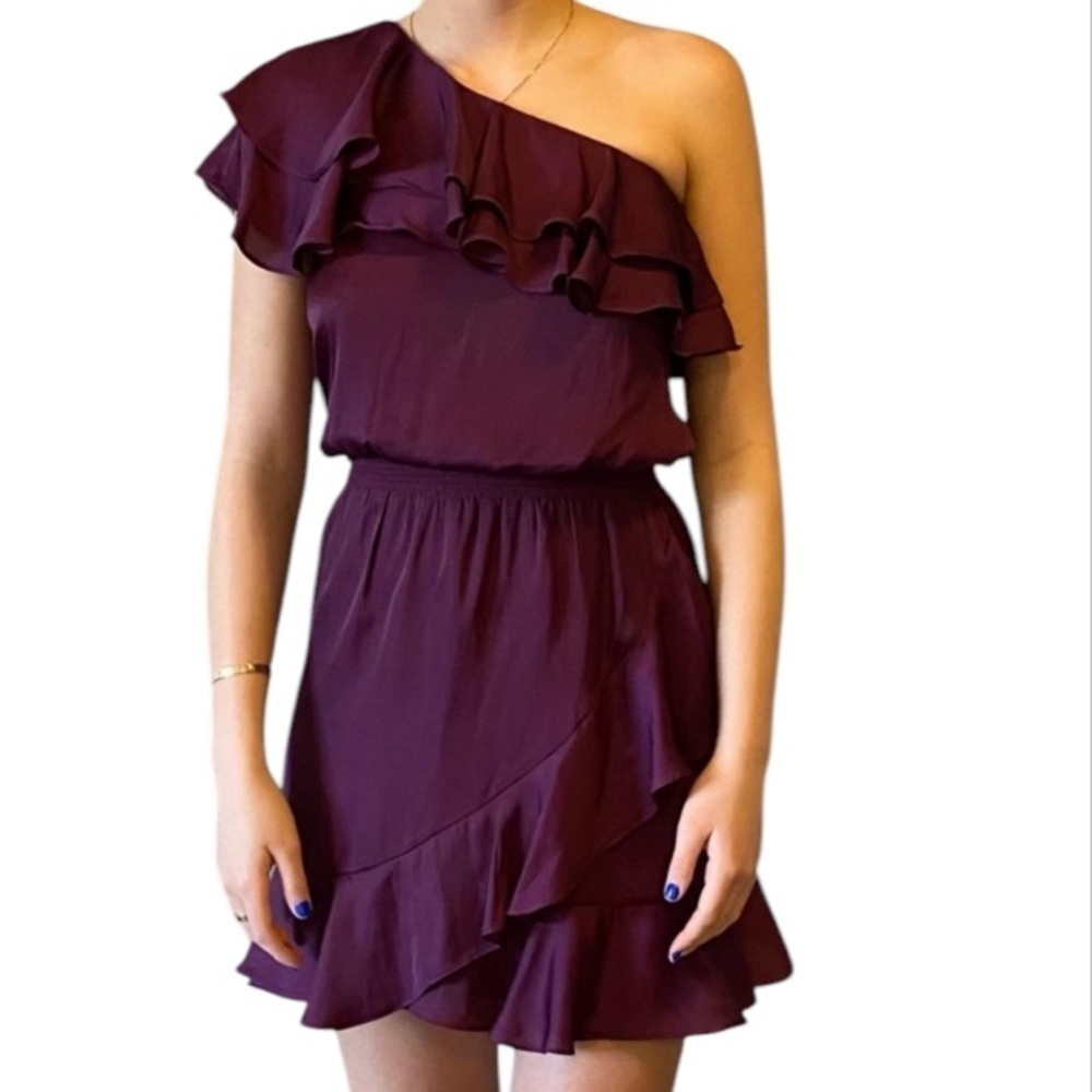 White House Black Market Sz 6 Ruffled One Shoulder Purple Blouson Cocktail Dress